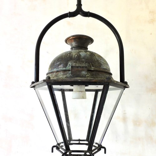 French Hexagonal Hanging Copper And Iron Lantern 