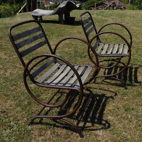 Pair Of Iron Cantelevered Garden Chairs 