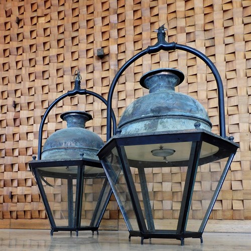 Pair Of Copper And Iron French Hexagonal Lanterns 