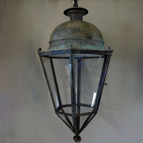 Very Large French Copper And Iron Hanging Lantern 