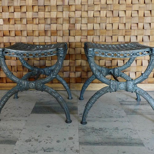 A Fine Pair Of Cast Iron Neoclassical French Stools After Val D'osne 