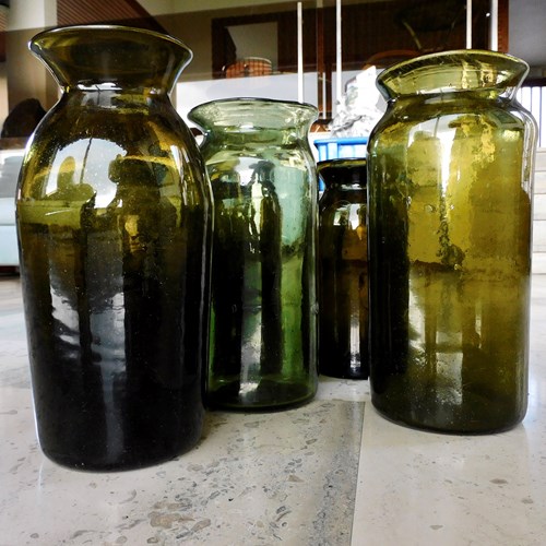 Collection Of 6 French Hand Blown Green Storage Jars 