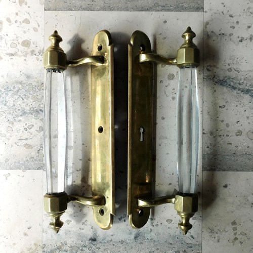 Large Pair Of Bronze And Cut Glass Door Handles 