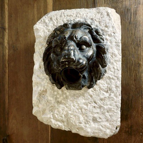 C18th Bronze Fountain Head Mounted On A Limestone Block 