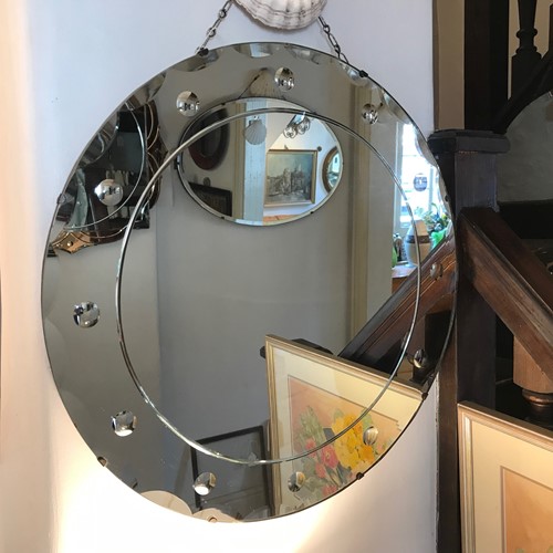 Large Round Art Deco Bevelled & Back Cut Mirror