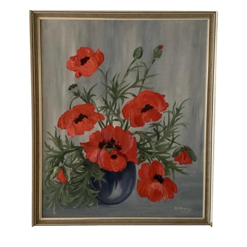 1960 Vibrant Oil Painting Of Poppies