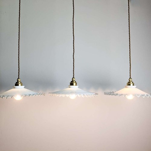 C1930 Opaline Glass Pie Crust Pendant Shades