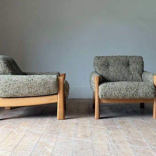 C1970 A Pair Of Swiss Oak Armchairs In Green Boucle