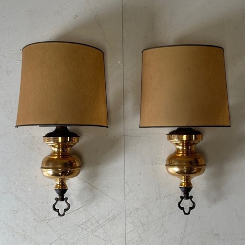 C1950 A Pair Of Italian Brass Wall Sconces - Origonal Shades