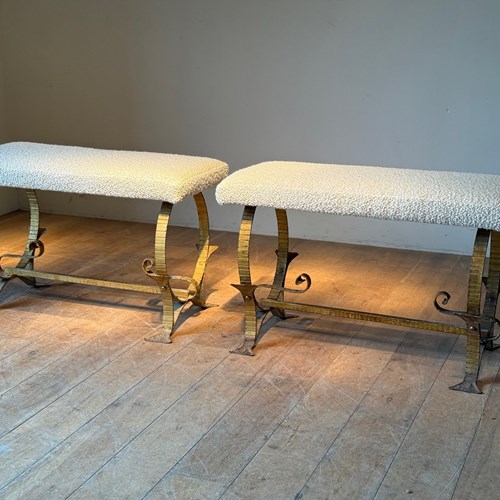 C1960 A Stylish Pair Of Spanish Gilt Iron Stools In Boucle