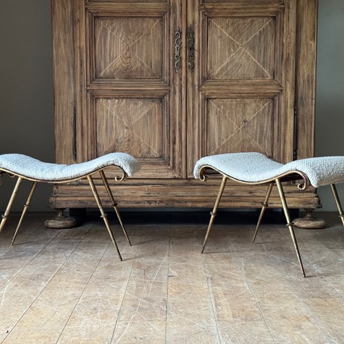 C1960 A Pair Of French Gilt Iron Stools In Boucle