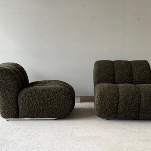 C1960s A Pair Of French Chrome Armchairs Upholstered In Green Boucle