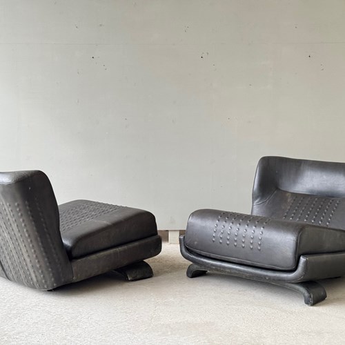 C1970s A Great Pair Of Spanish Textured Leather Easy Armchairs