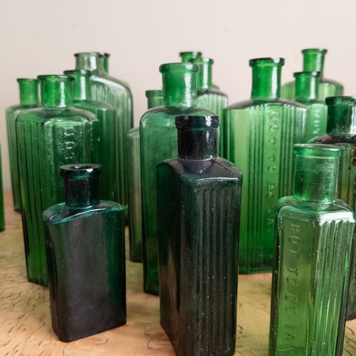 C1880 collection of 30 Green Glass Poison Bottles 