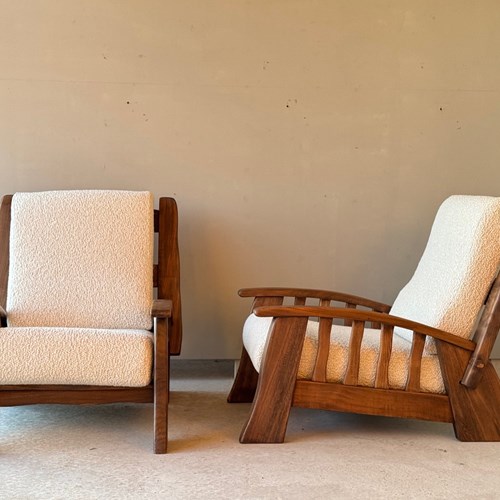 C1960 A Pair Of French Elm Mid Century Armchairs In Boucle