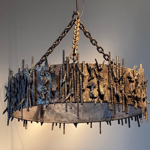 C1960 A Spanish Gilt Iron Brutalist Circular Ceiling Light