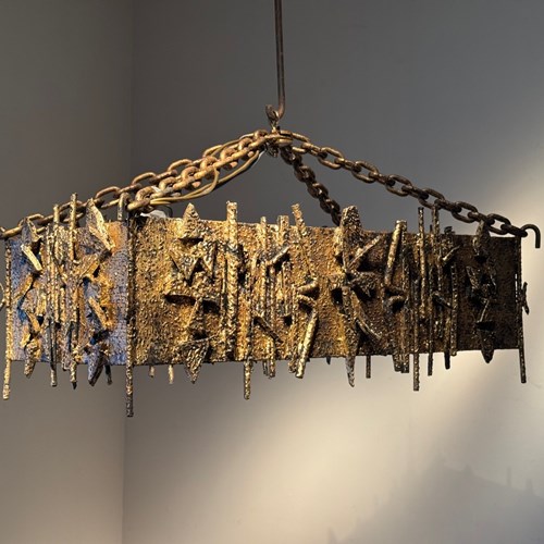 C1960 A Spanish Gilt Iron Brutalist Rectangular Ceiling Light