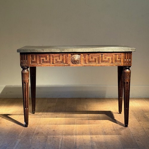 C1770 A Stylish French Walnut Greek Key Console Table /Fossil Marble Top