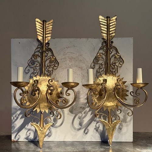 C1950 A Pair Of Spanish Gilt Iron Arrow Wall Sconces