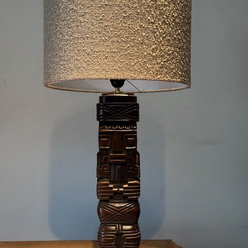 C1960 A Stylish "Aztec" Carved Wooden Table Lamp - Custom Shade