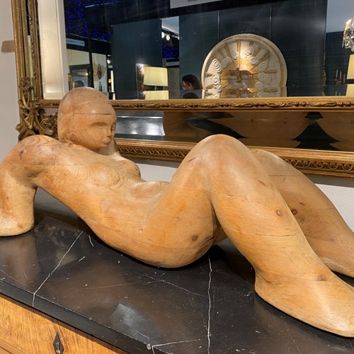 C1950 A French Carved Wood Female Reclining Nude Sculpture