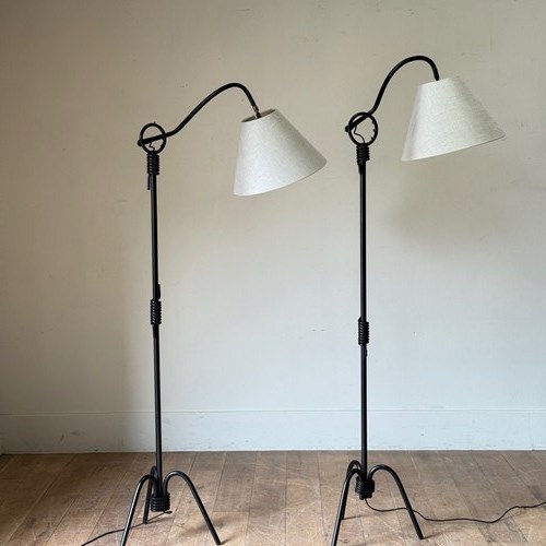 C1960 A Pair Of Adjustable French Iron Floor Lamps After Jean Royere