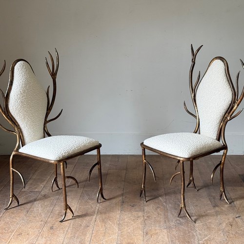 C1960/70 A Pair Of French Gilt Iron Faux Antler Armchairs 