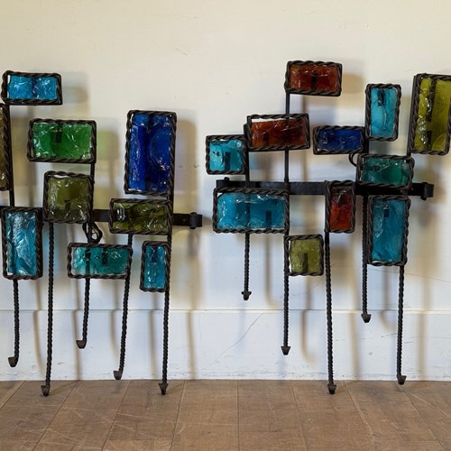 C1960 A Set Of 3 French Coloured Glass & Iron Wall Appliqués