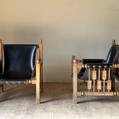 C1960 A Pair Of Stylish Spanish Oak & Leather Design Armchairs