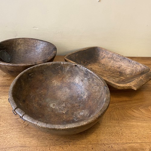 3 19th Century Rustic Wooden Bowls