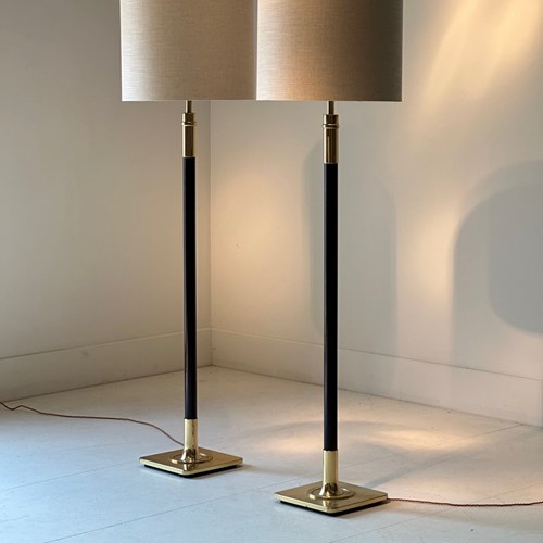 C1950 A Pair Of French Leather & Brass Floor Lamps