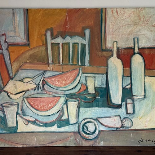 A Pair Of 20Th Century Still Life Oil On Canvas In Picasso Style