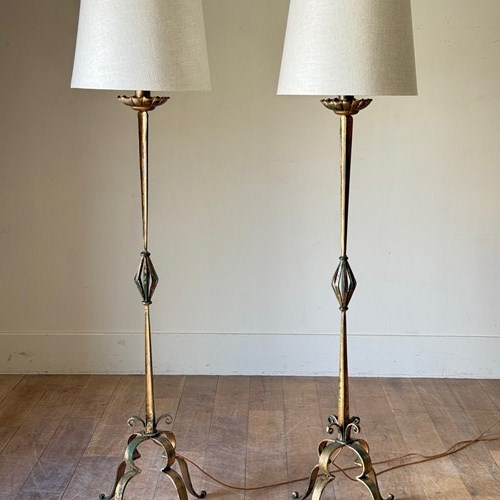 C1940 A Pair Of French Gilt Metal Floor Lamps
