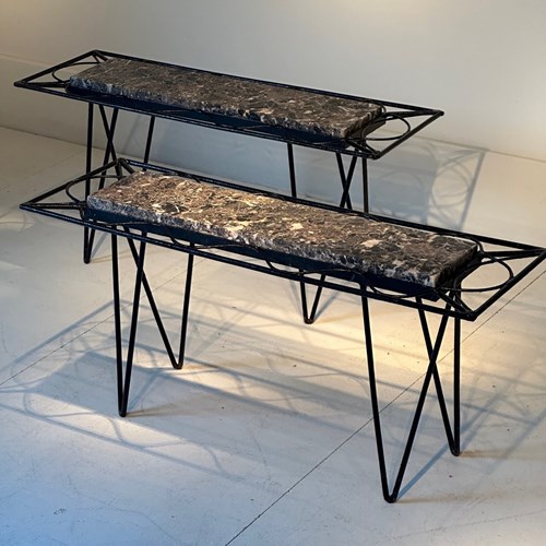 Pair Of Spanish Mid Century Iron & Marble Side Tables  