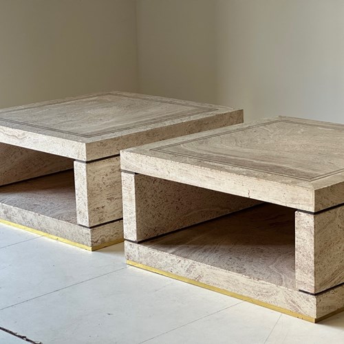 C1960 A Pair Of Large French Travertine & Brass Coffee Tables