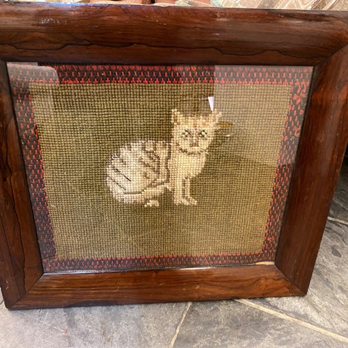 C1880 A Large Victorian Tapestry Cat In A Rosewood Frame