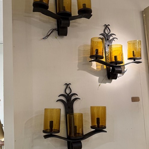 C1960 A Pair Of Spanish Iron & Glass Wall Sconces -5 Pr Available
