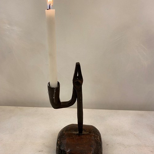 An 18Th Century Forged Iron Rush Light & Candle Holder