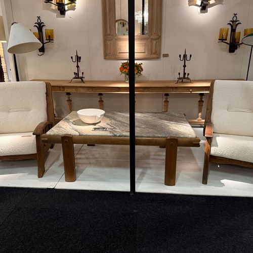 C1960 A Pair Of French Elm Mid Century Armchairs In Boucle