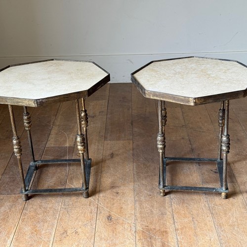 C1950 A Pair Of Spanish Gilt Metal Tables With Travertine Tops