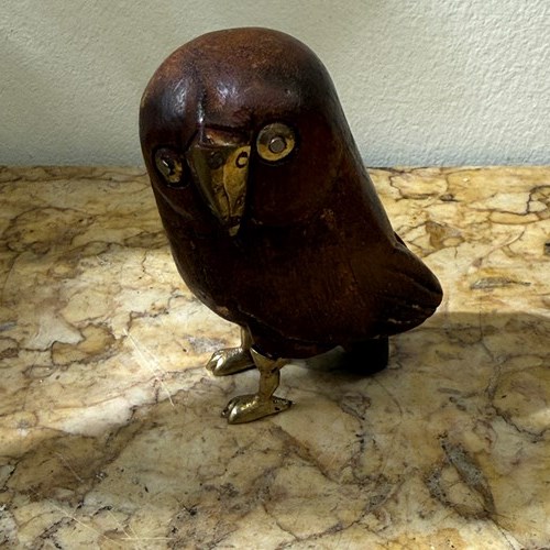 C1970 A Mexican Wooden & Brass Owl Sculpture By Sergio Bustamante