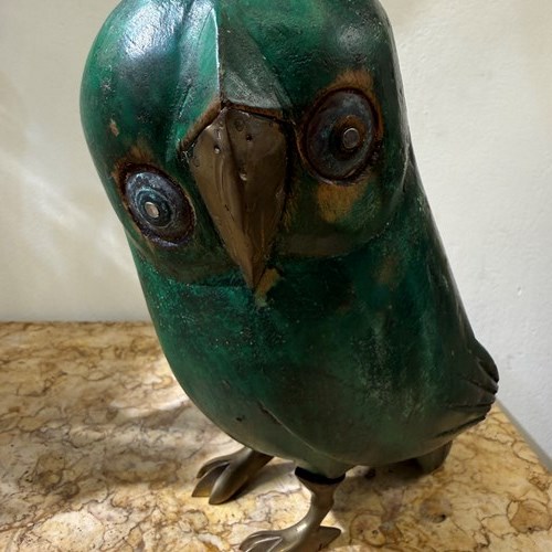 C1970 A Mexican Wooden & Brass Owl Sculpture By Sergio Bustamante