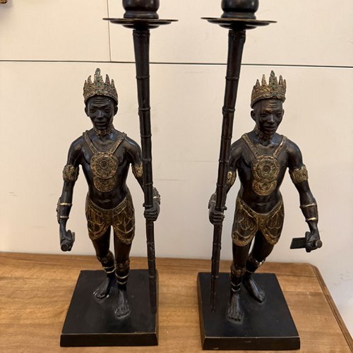 C1870 A Stylish Pair Of French Bronze African Warrior Candlesticks