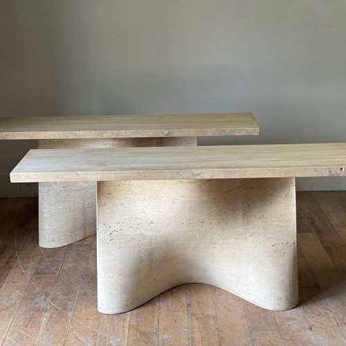 C1970 A Rare PAIR Spanish Travertine Console Tables 