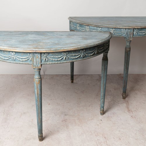 Antique Swedish Pair Of Demi Lune Tables