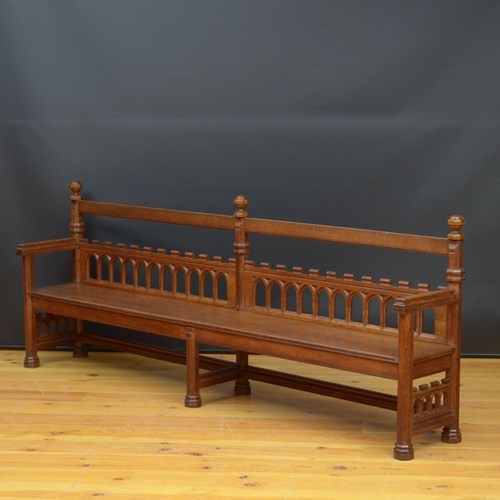 Long And Stylish Victorian Gothic Revival Hall Bench In Oak / Church Pew