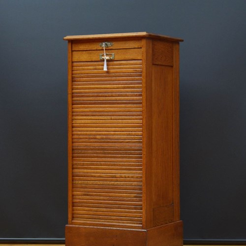 Early Xxth Century Solid Oak Tambour Filing Cabinet