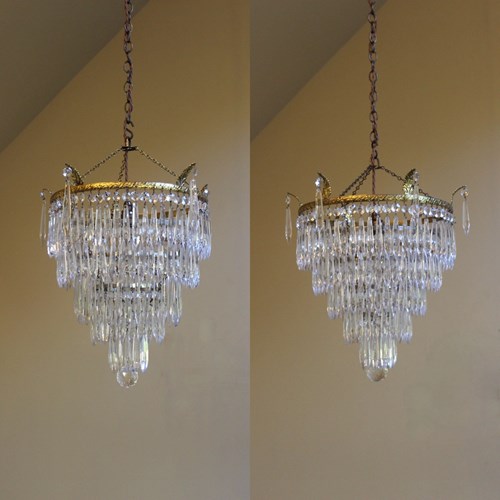 Pair Of English Cut Glass Waterfall Pendants