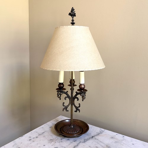 Polished Darker Brass Three Light Saucer Bedside Light With Original Shade