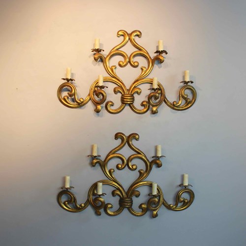 Substantial Pair Of Gilded Metal Six Branch Wall Lights